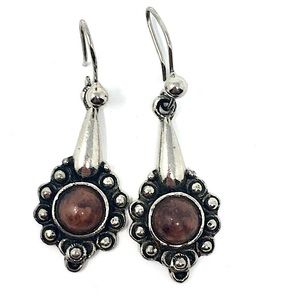 Silver Toned Teardrop and Brown Acrylic Stone Mandala Dangle Earrings
